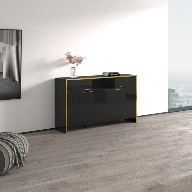 Sideboard Fluted Gold Accents High Gloss Black Buffet with Gold Legs