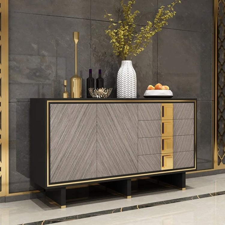 Sideboard Forest Green Fluted Front Glass Top Gold Metal Base Luxe