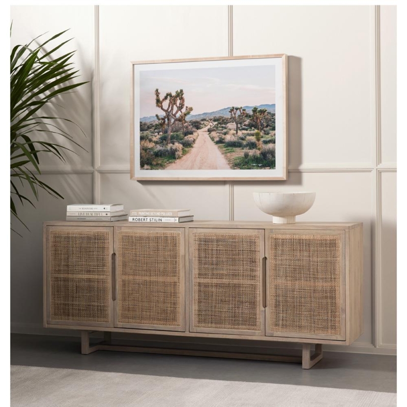 Sideboard Four Doors Woven Cane Panels Whitewashed Mango Wood Buffet