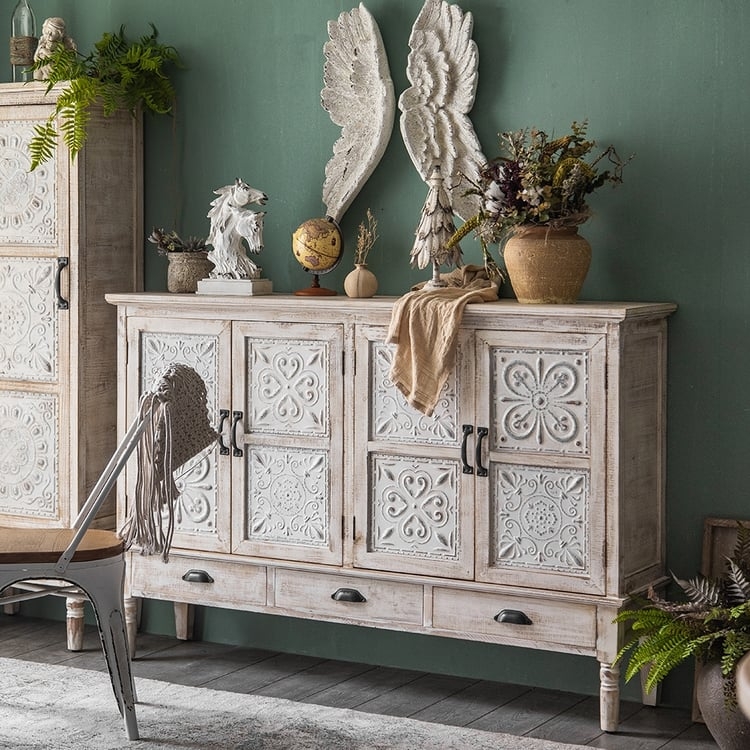 Sideboard French Country Floral Carvings Distressed Whitewash Wood Top