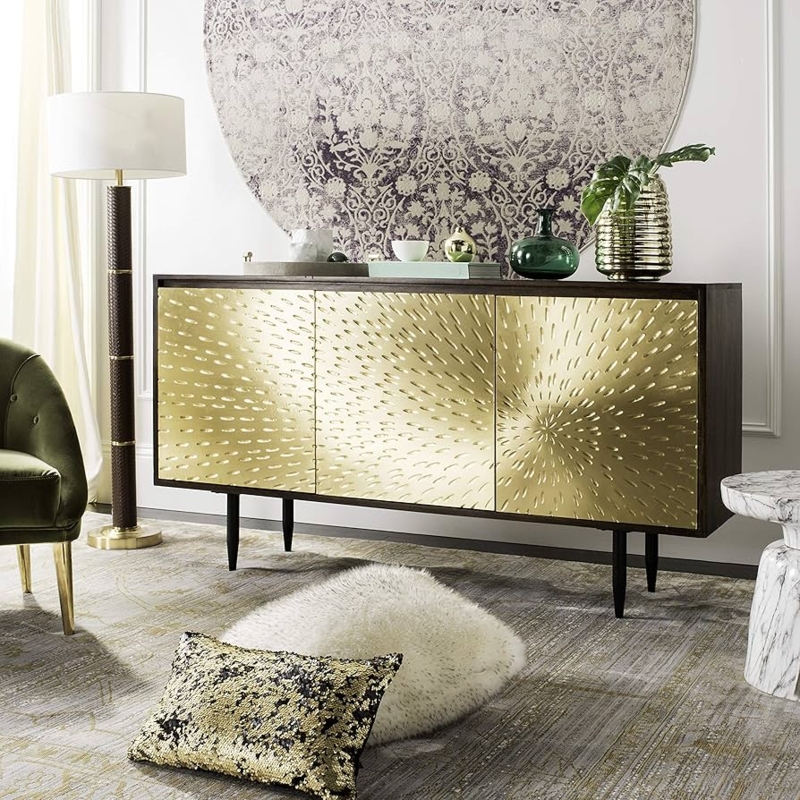 Sideboard Geometric Brass Inlay Shiny Base Dark Brown Modern Glam