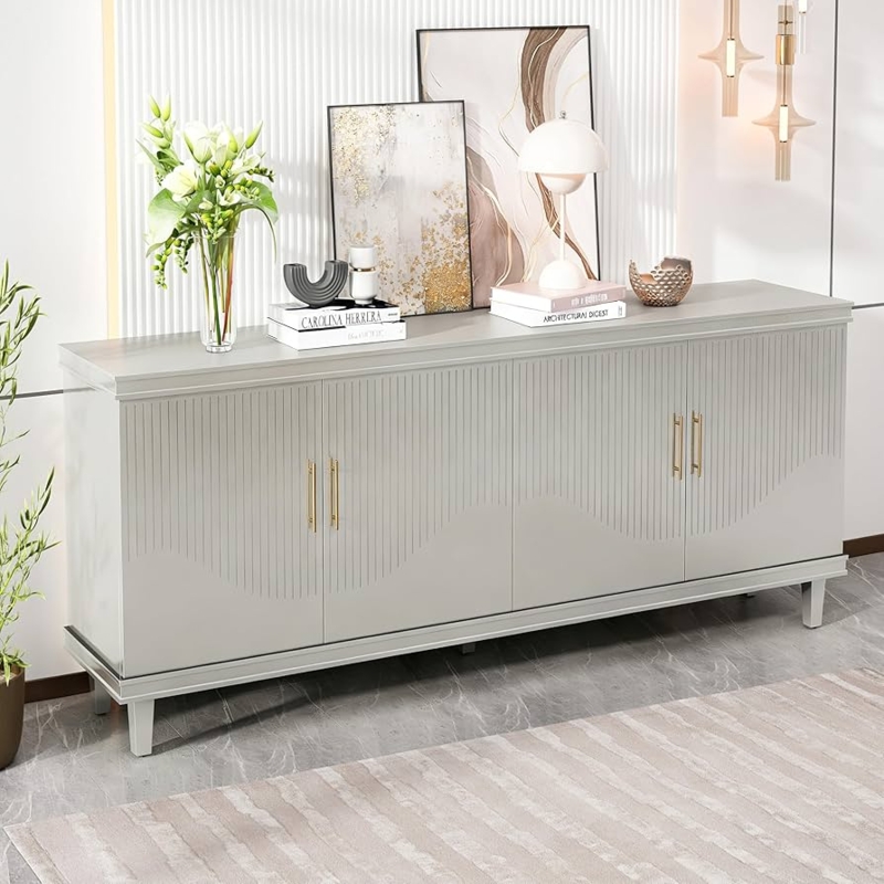 Sideboard Geometric Carved Champagne Finish Gold Brushed Leg Buffet