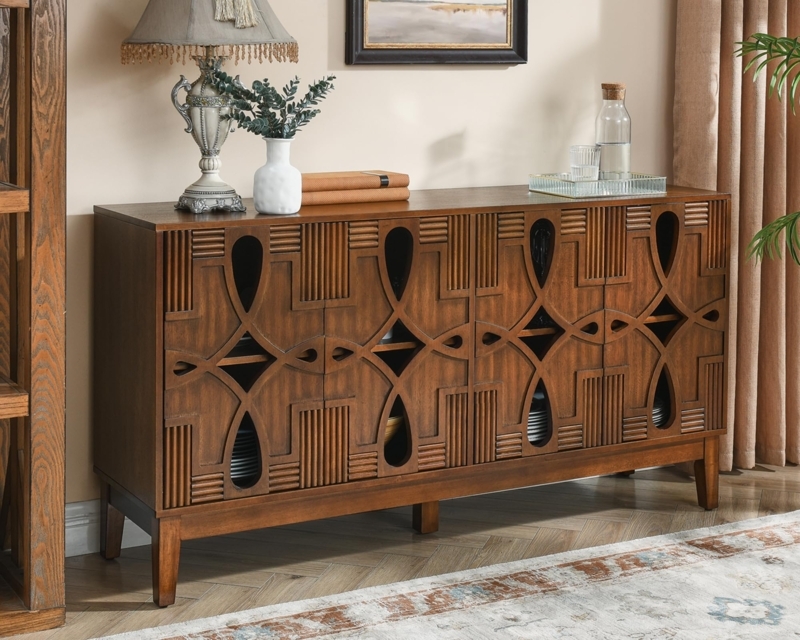 Sideboard Geometric Carved Door Buffet Cabinet Gold Caps