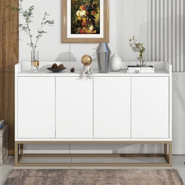 Sideboard Geometric Carved Wood Gold Metal Legs Glam Accent