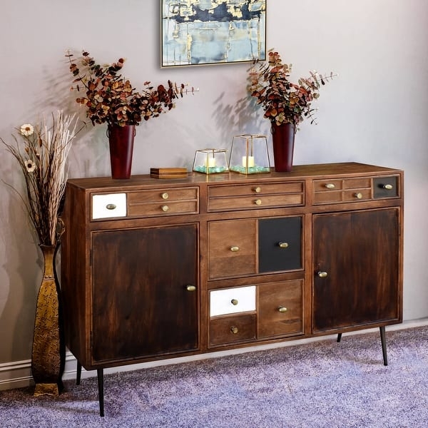 Sideboard Geometric Carved Wood with Five Drawers and Sled Base