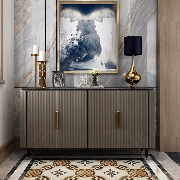 Sideboard Geometric Textured Buffet Cabinet Black Gold Glam Storage