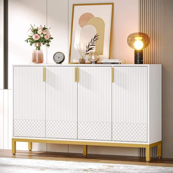 Sideboard Geometric Textured Doors Gold Accents Modern Buffet