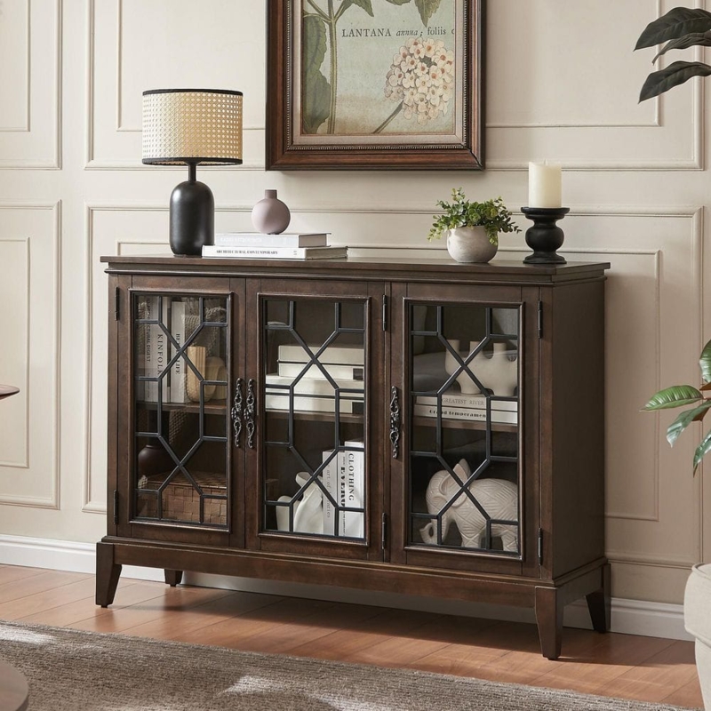 Sideboard Glass Doors Gold Hardware Tapered Legs Farmhouse Buffet Style