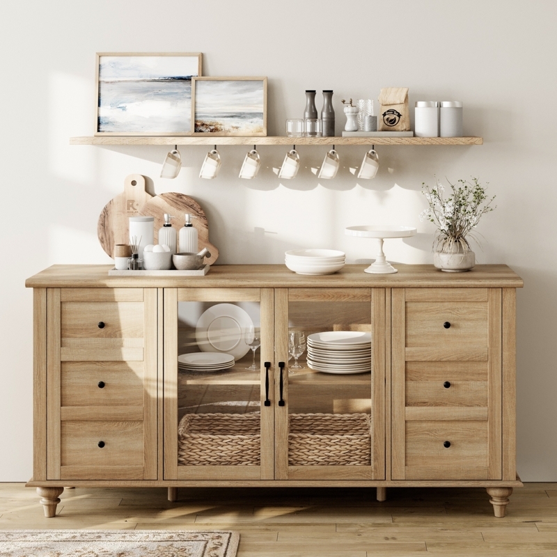 Sideboard Glass Panel Doors Natural Wood Finish Black Hardware Farmhouse