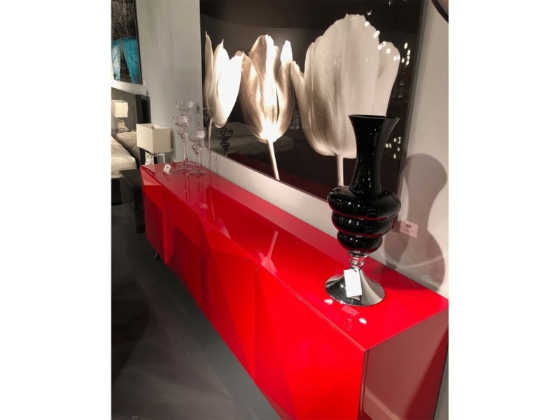 Sideboard Glossy Buffet With Relief Pattern 3D Geometric Doors