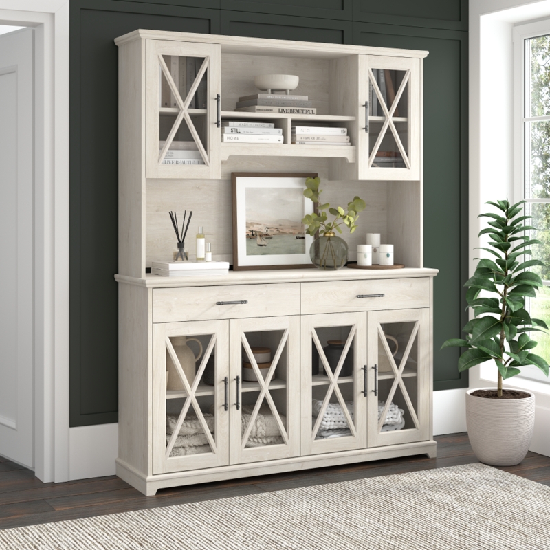 Sideboard Gray Buffet With Wood Top and X Brace Glass Fronts
