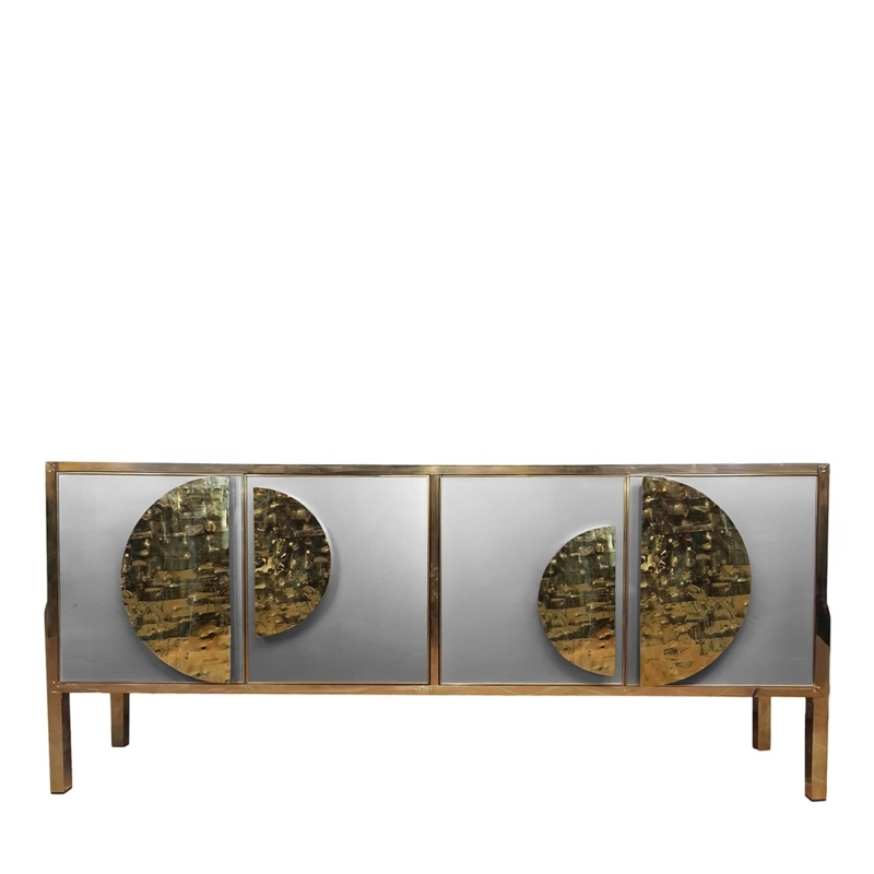 Sideboard Gray Glass Panels Brass Frame Contemporary Buffet
