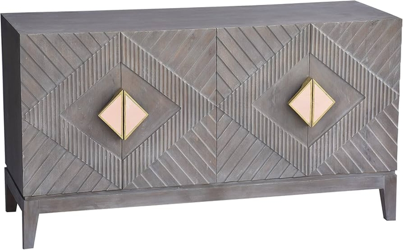 Sideboard Gray Washed Finish with Diamond Relief Carving and Gold Legs