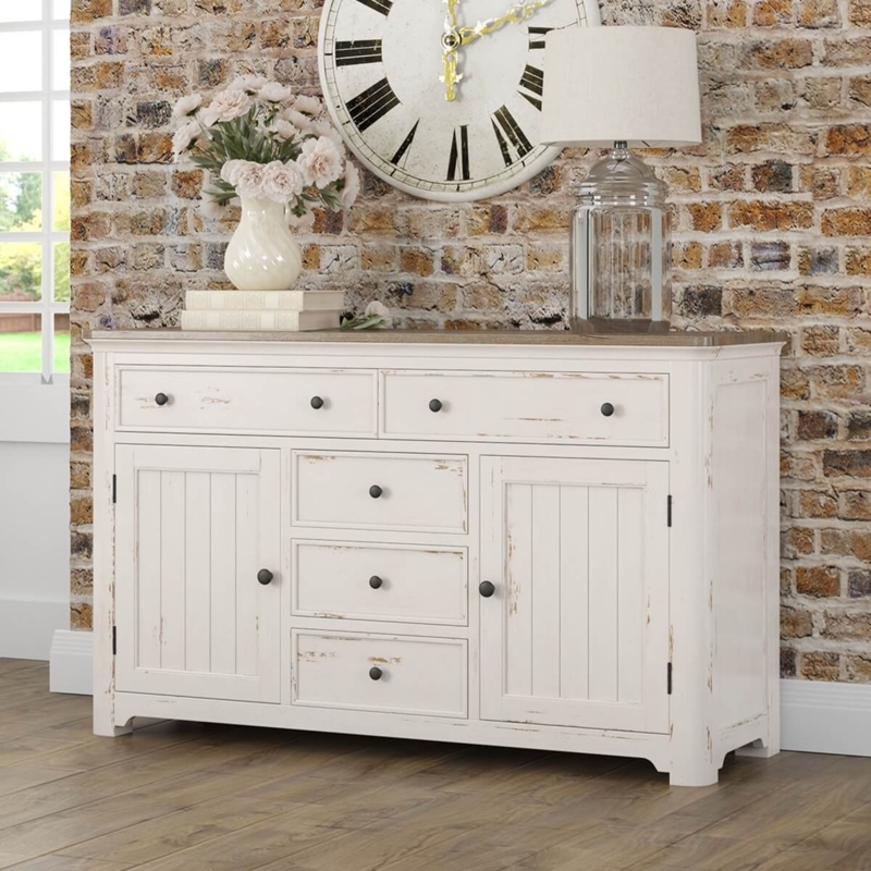 Sideboard Green Painted Dining Room Buffet with Bun Feet and Wood Top