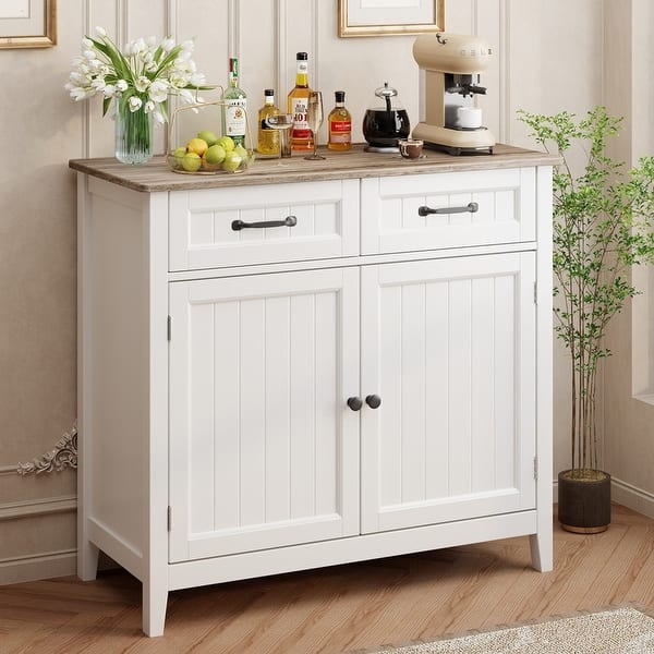 Sideboard Grey Buffet Storage Ribbed Doors Gold Knobs Two Drawers