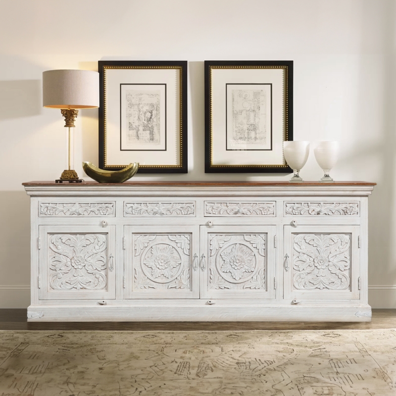 Sideboard Hand Carved Floral Pattern Two Tone Finish Whitewashed Top
