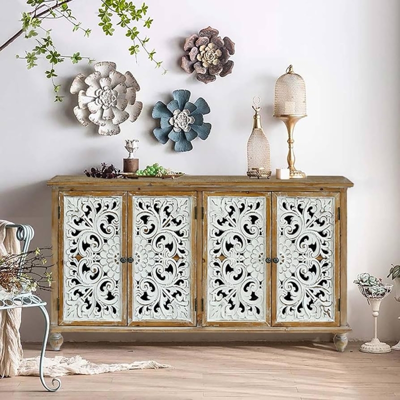 Sideboard Hollow Carved Doors Vintage Silhouette Natural Wood Finish