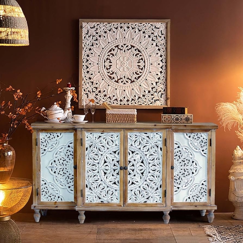 Sideboard Hollow Carved Floral Mandala Pattern Natural Wood Finish