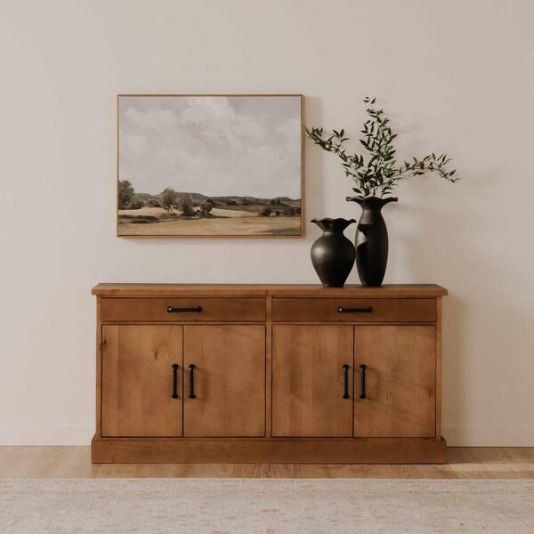 Sideboard Honey Pine Textured Geometric Doors Black Legs Modern