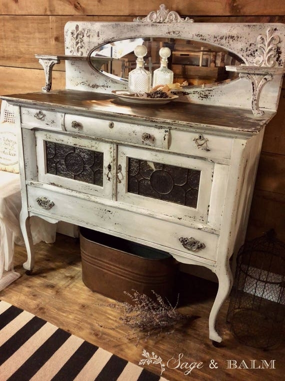 Sideboard Hutch Shabby Chic Antique White Chippy Paint Mirrored Back