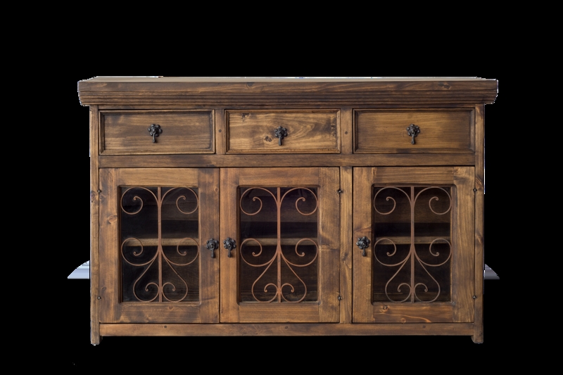 Sideboard Industrial Hand Carved Pine Doors Wrought Iron Frame