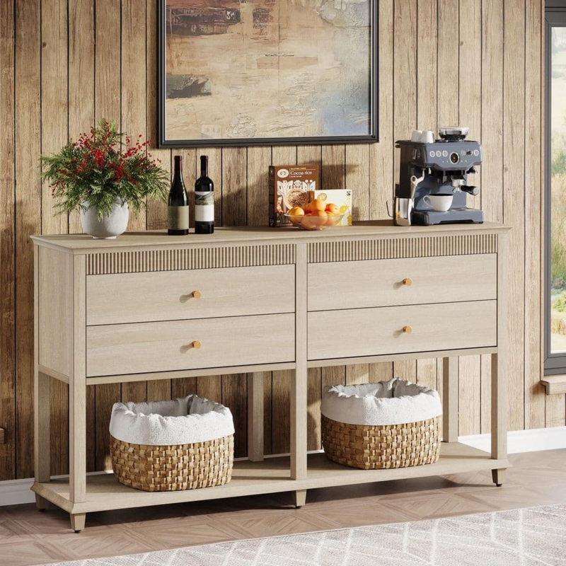 Sideboard Lattice Glass Doors Two Tone Finish Four Drawers Farmhouse
