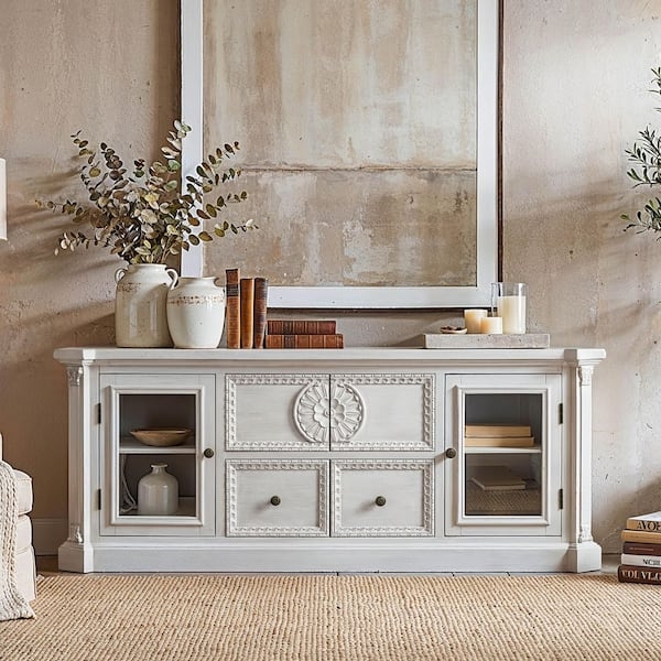 Sideboard Light Gray Muntin Glass Doors Four Central Drawers Farmhouse