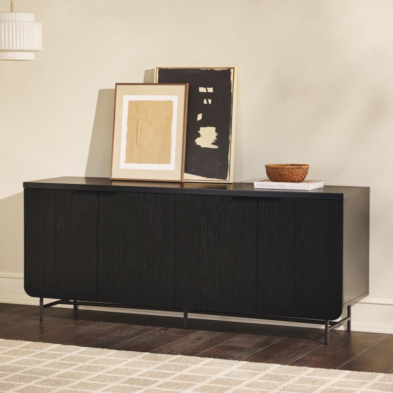 Sideboard Light Oak and Black Accent Cabinet Tapered Metal Legs