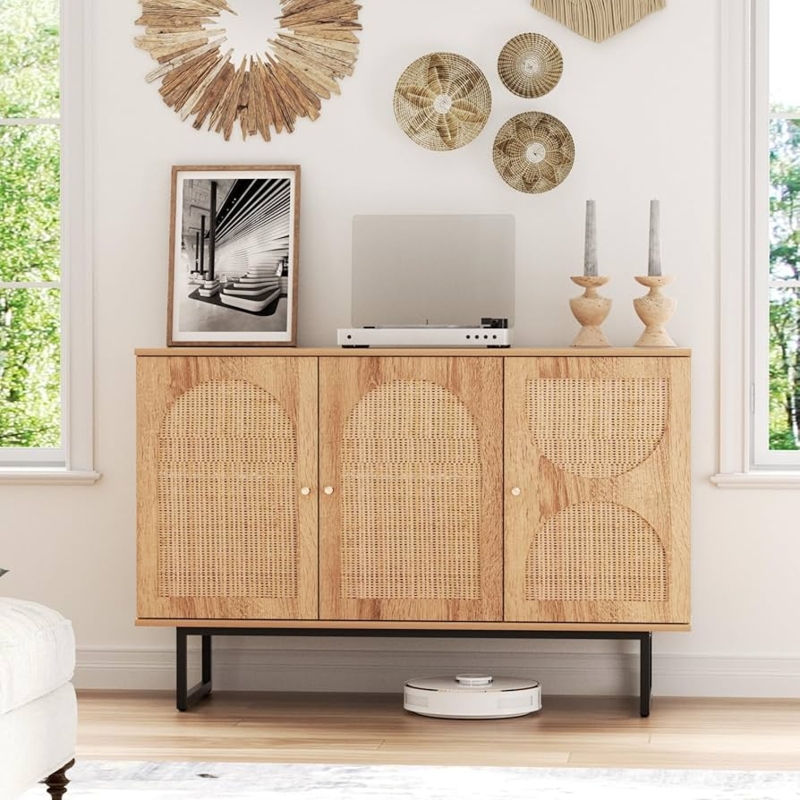 Sideboard Light Wood Arched Rattan Doors with Gold Knobs