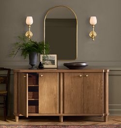 Sideboard Light Wood Fluted Sliding Doors Brass Finish Mid Century