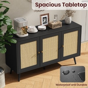 Sideboard Light Wood Rattan Doors with Slim Gold Vertical Pulls
