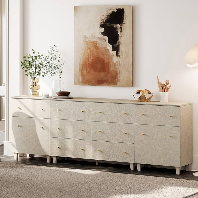 Sideboard Linen Textured Fronts Light Wood Gold Knobs Scandinavian