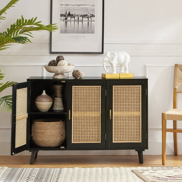Sideboard Matte Black Frame with Woven Rattan Door Panels