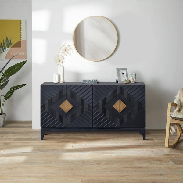 Sideboard Matte Black Wood with Diamond Cut Brass Handles
