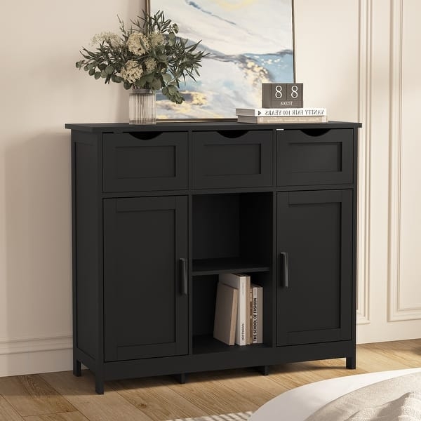 Sideboard Medium Wood Tone Gold Round Knobs Mixed Storage Configuration