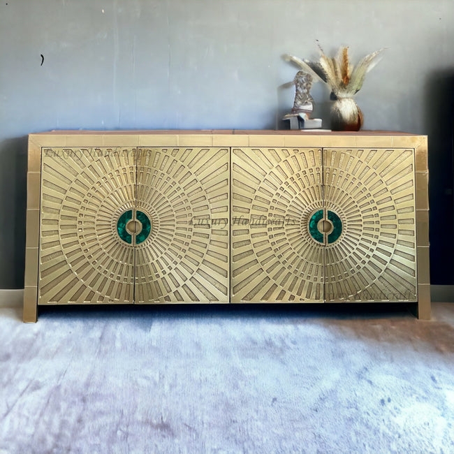 Sideboard Metal Clad Floral Embossing Handcrafted Silver And Brass