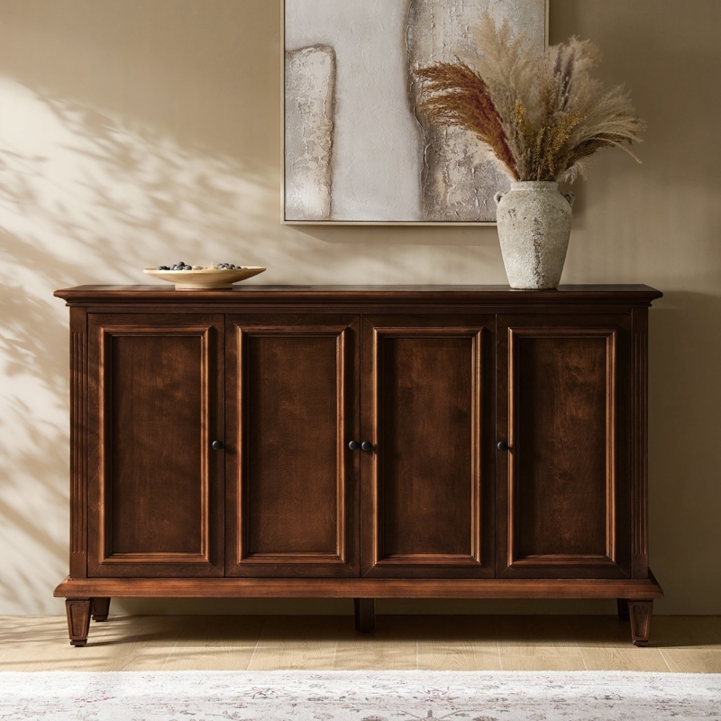 Sideboard Mid-Century Buffet with Wine Rack and Reeded Doors