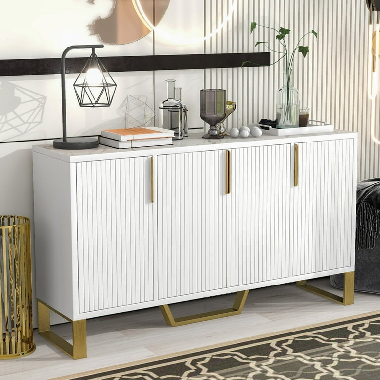 Sideboard Minimalist Four Door Storage White Gold Slim Handles Modern