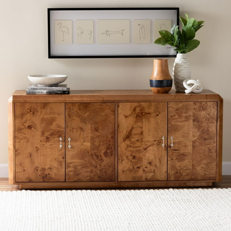 Sideboard Modern Burl Wood Pattern Handleless Doors Gold Legs