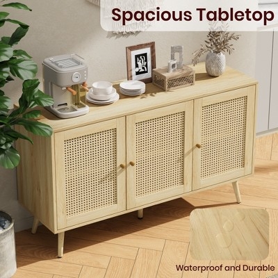 Sideboard Modern Cane Buffet Cabinet with Black Metal Legs