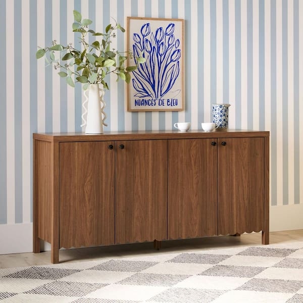 Sideboard Modern Scalloped Wood Buffet Splayed Legs Four Doors