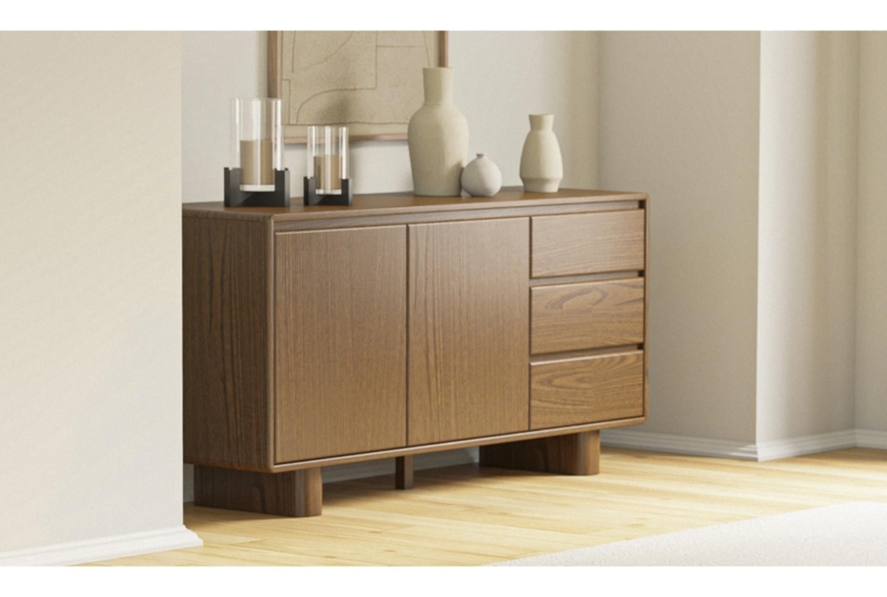 Sideboard Modern Slatted Wood Doors Tapered Legs Organic Style