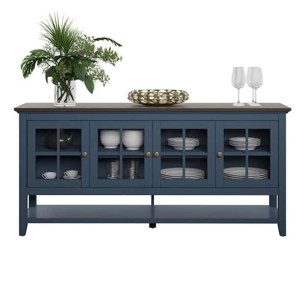 Sideboard Muted Blue Windowpane Glass Doors Wood Top Cabinet