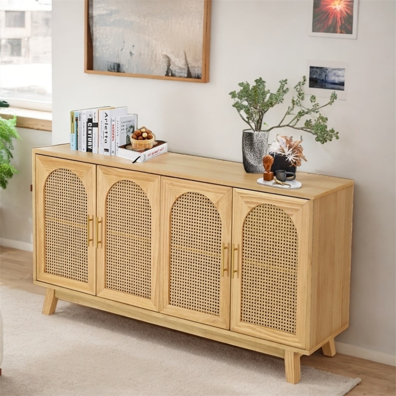 Sideboard Natural Finish Rattan Panels Gold Handles Boho Cabinet