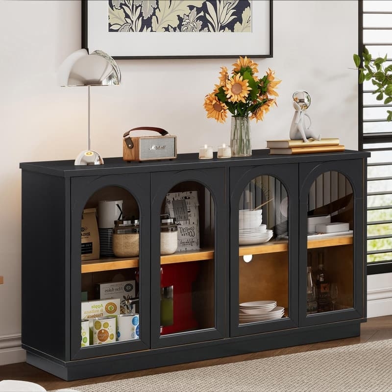 Sideboard Natural Slatted Outer Doors Central Glass Display