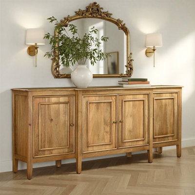 Sideboard Natural Wood Buffet with Geometric Carved Panels