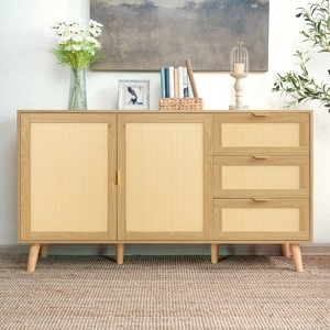 Sideboard Natural Wood Rattan Panels with Rounded Frame Corners