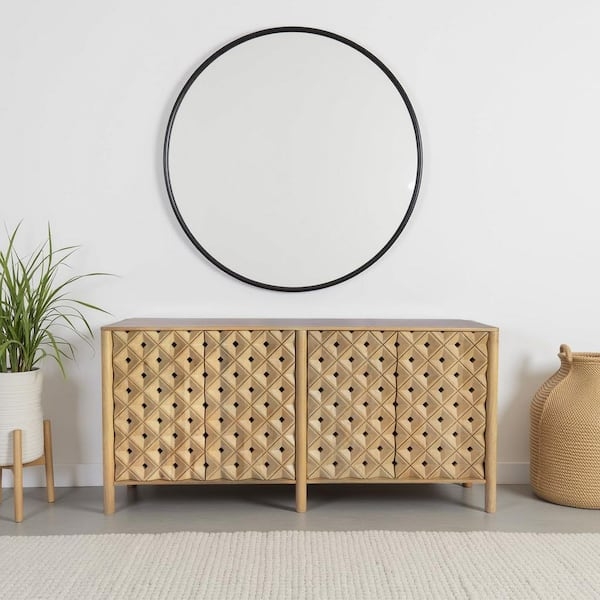 Sideboard Natural Wood with Geometric Carved Doors and Diamond Pattern