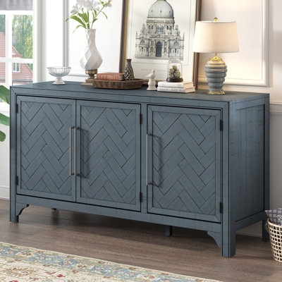 Sideboard, Navy Blue Finish, Contrasting Wood Top, X-Brace Doors