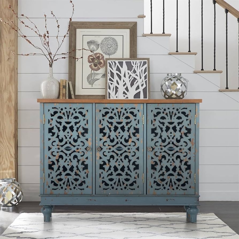 Sideboard Navy Blue Hollow Carved Doors Gold Knobs Modern Farmhouse